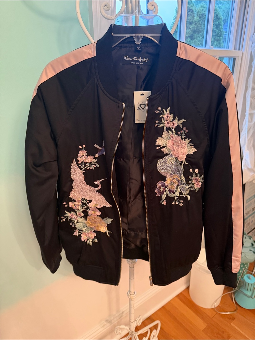 Miss Selfridge Black Bomber Jacket with Pink Embroidered Detail